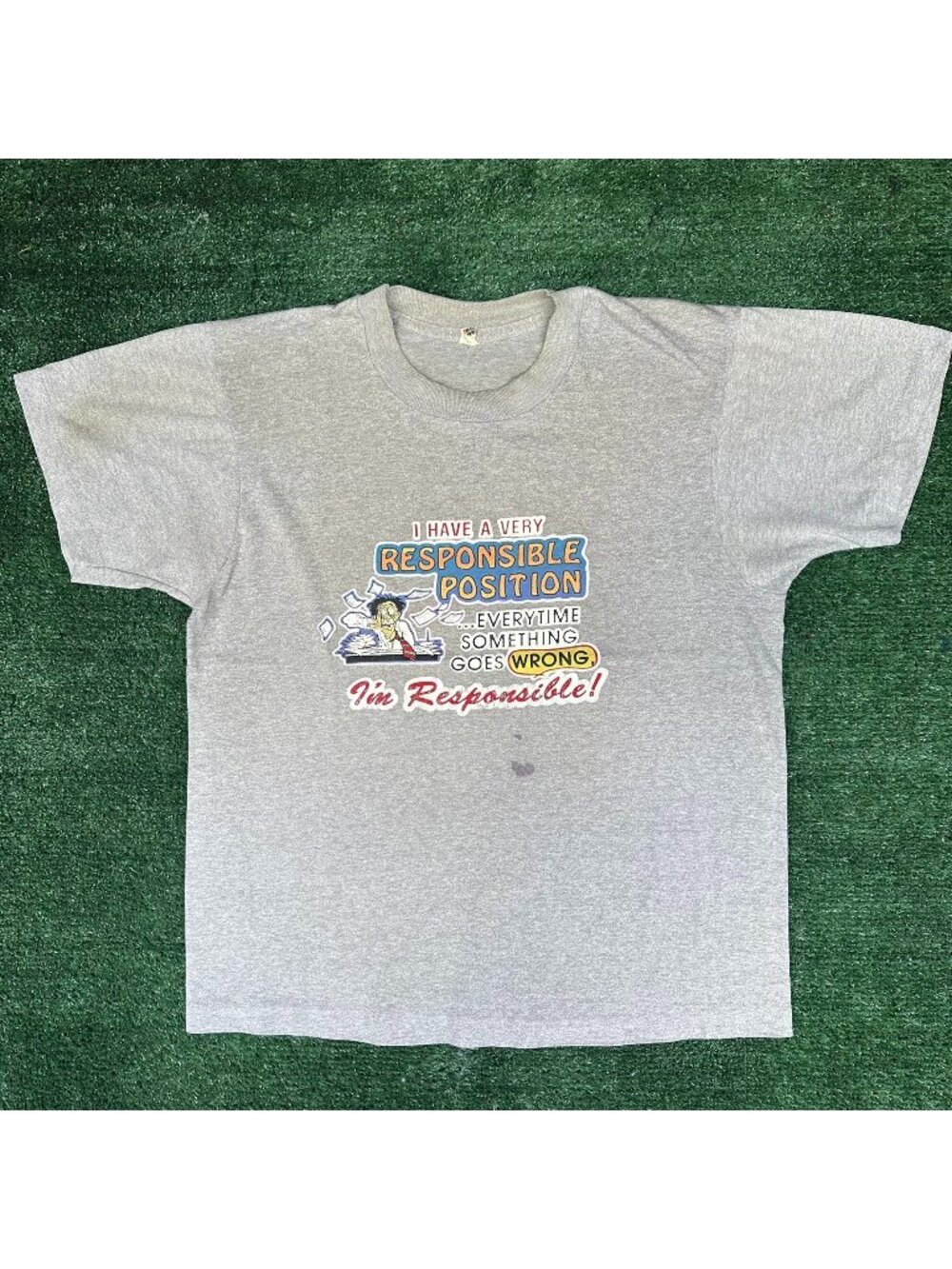 Vintage 80s Work Office Humor T-Shirt Gray L Single Stitch Paper Thin Grunge